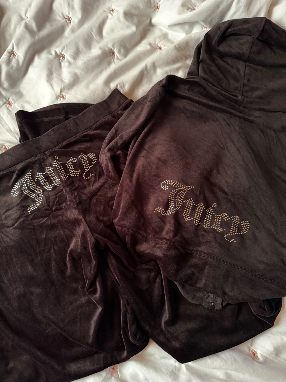 Juicy Couture Black Velour Rhinestone Logo Hoodie Set